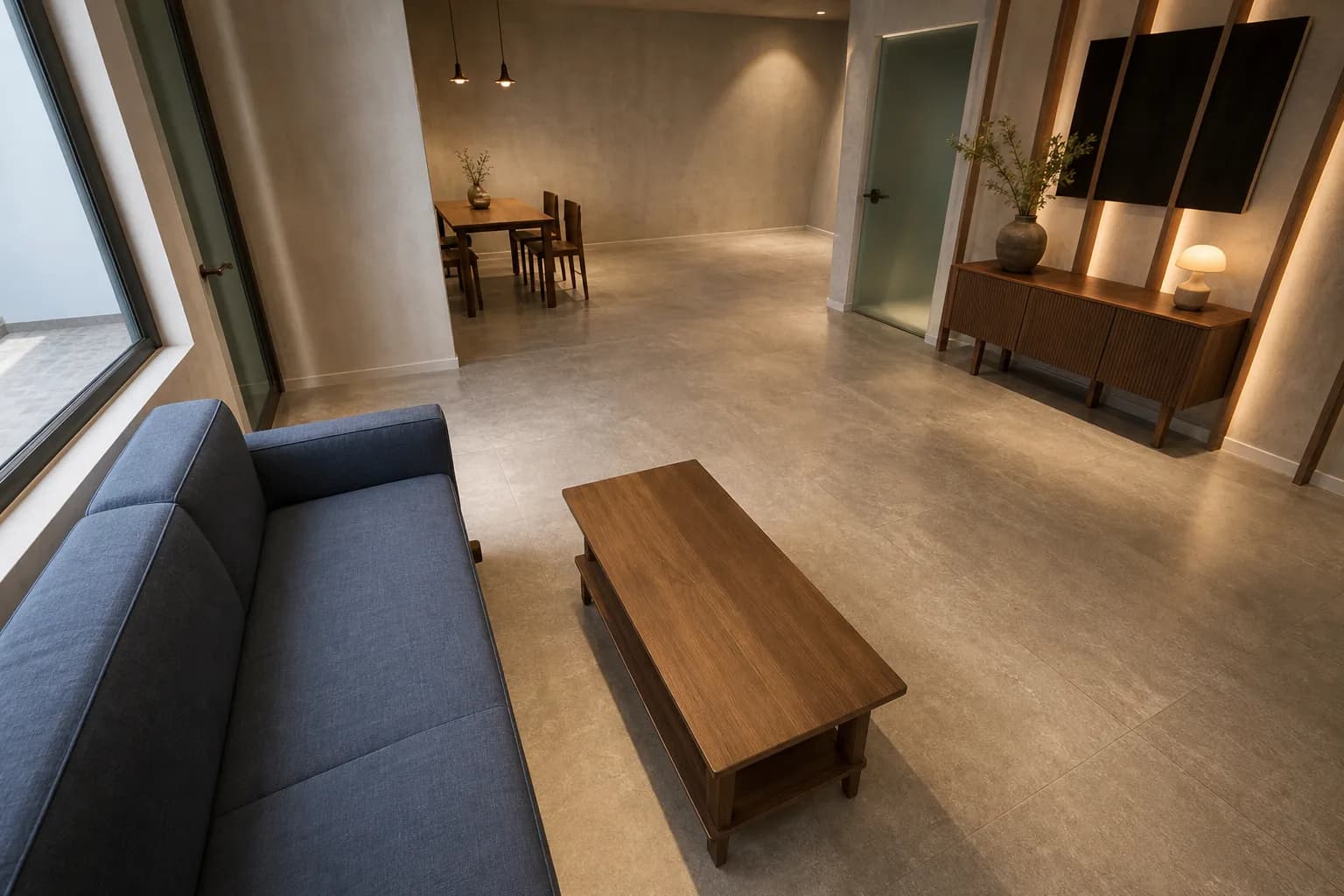Bright daylight render of the living and dining room