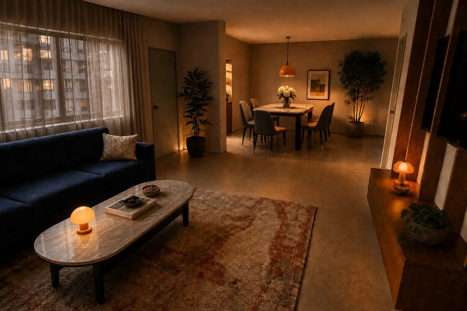Photoreal Vorqis render of an HDB living and dining room generated from a real floor plan