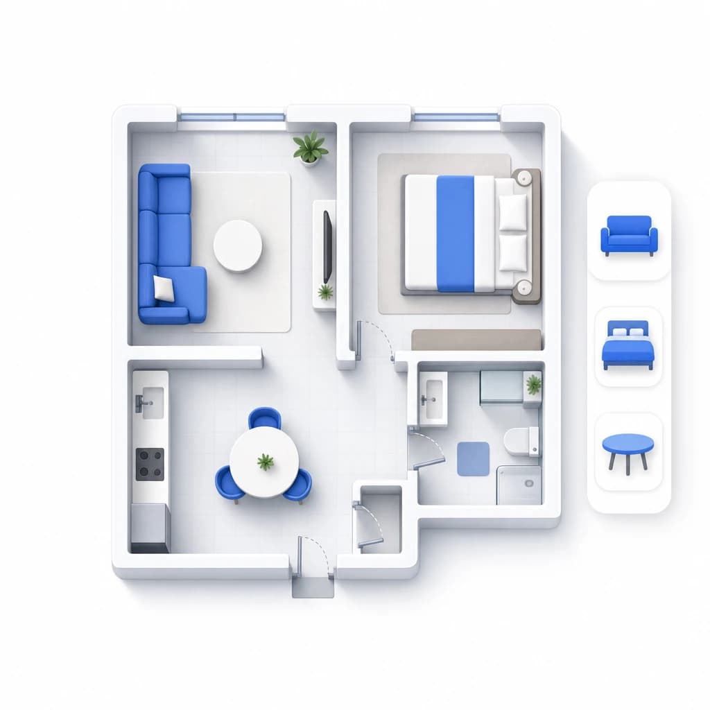 Simplified illustration: a furnished top-down floor plan in the Vorqis editor