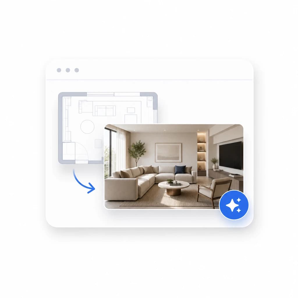 Simplified illustration: a floor plan turning into a photoreal render