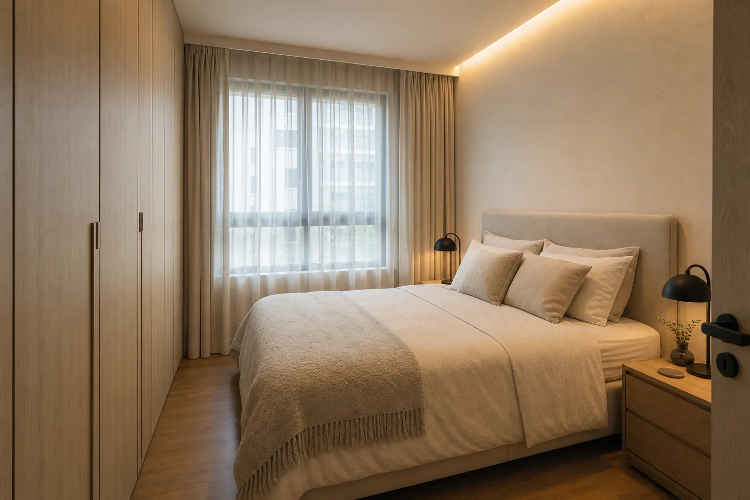 Compact master bedroom render with full-height timber wardrobe, queen bed, and soft window light