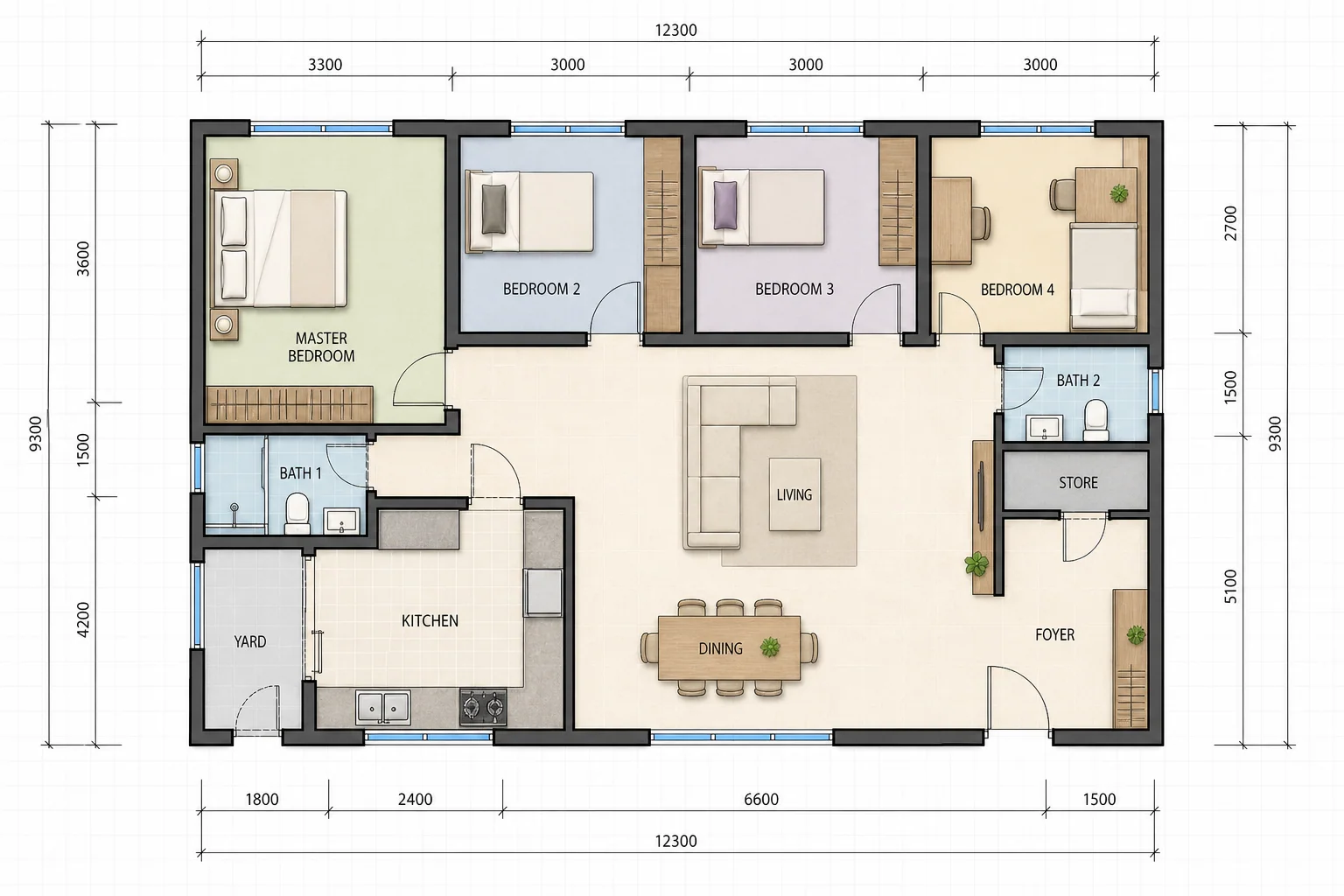 Polished top-down floor plan with furniture, doors, windows, and dimension lines