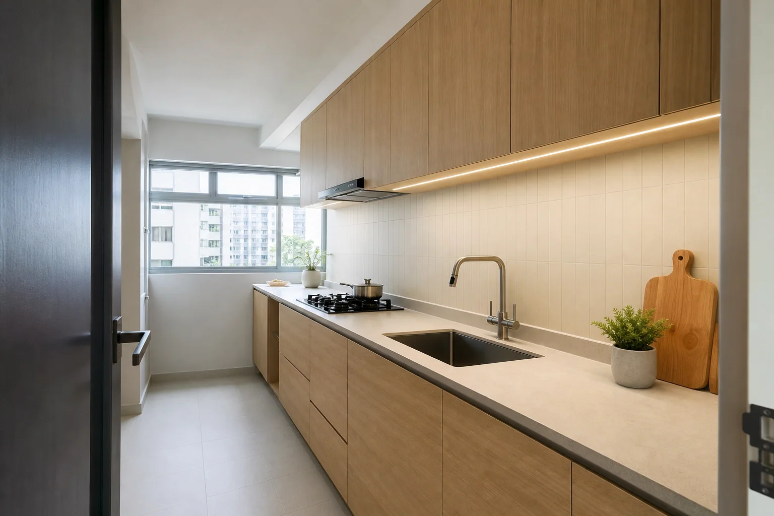 Compact Singapore apartment galley kitchen render with warm wood cabinets and daylight